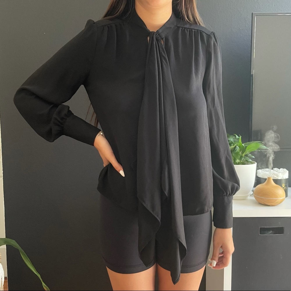 Long sleeve black blouse with tie detail